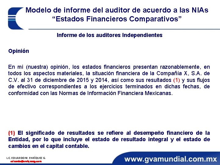 Modelo de informe del auditor de acuerdo a las NIAs “Estados Financieros Comparativos” Informe