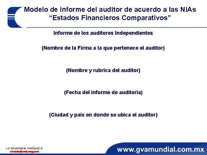 Modelo de informe del auditor de acuerdo a las NIAs “Estados Financieros Comparativos” Informe