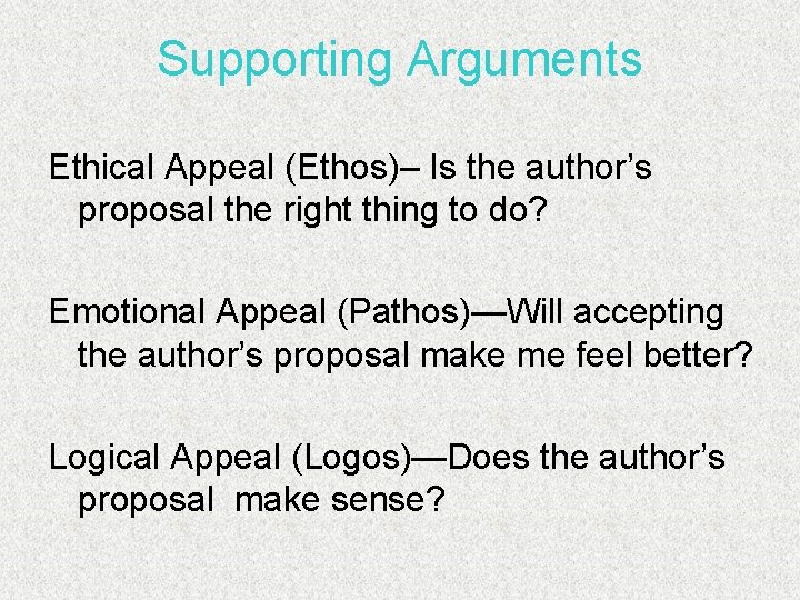 Supporting Arguments Ethical Appeal (Ethos)– Is the author’s proposal the right thing to do?