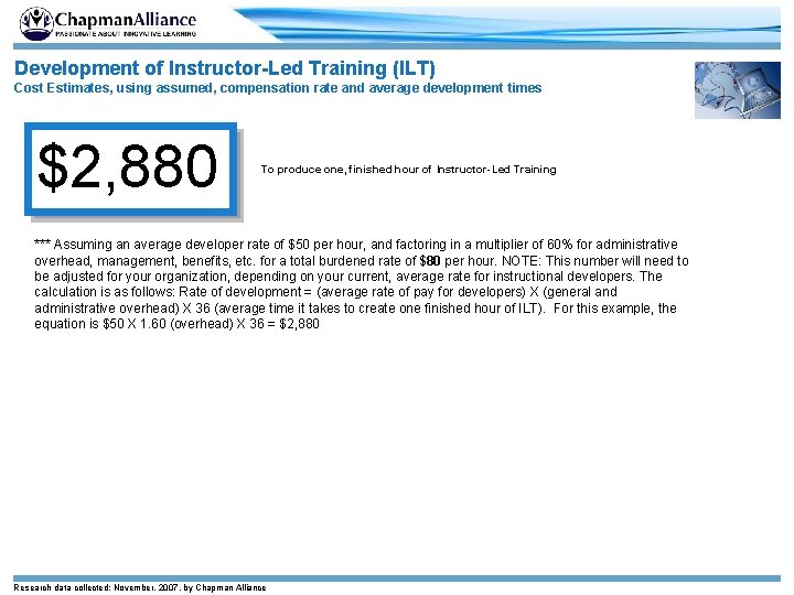 Development of Instructor-Led Training (ILT) Cost Estimates, using assumed, compensation rate and average development