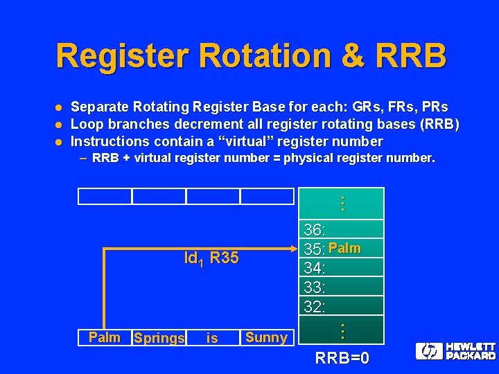 Register Rotation & RRB l l l Separate Rotating Register Base for each: GRs,