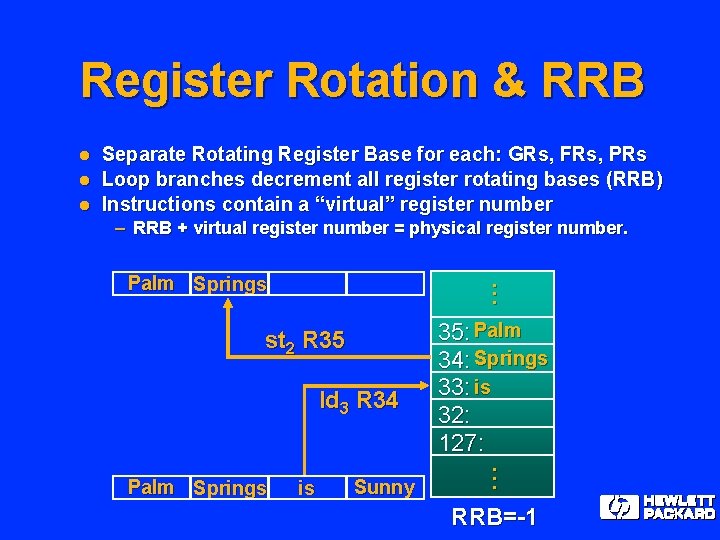 Register Rotation & RRB l l l Separate Rotating Register Base for each: GRs,