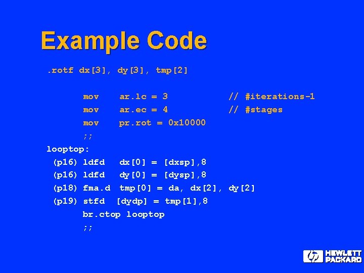 Example Code. rotf dx[3], dy[3], tmp[2] mov ar. lc = 3 // #iterations-1 mov