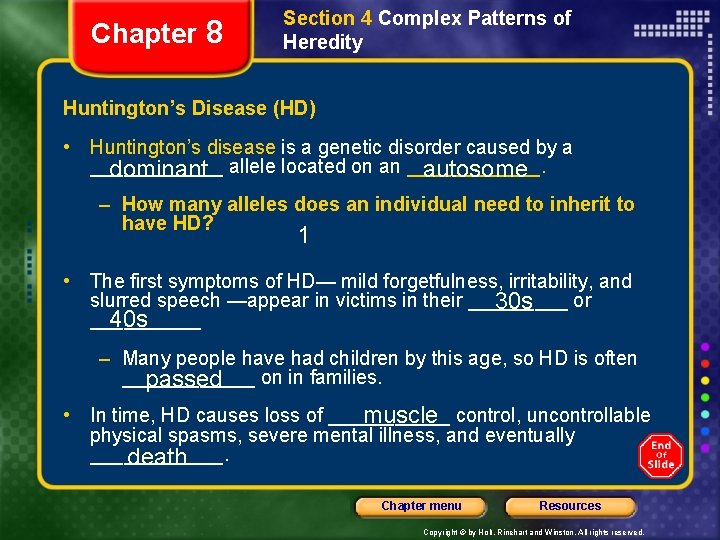 Chapter 8 Section 4 Complex Patterns of Heredity Huntington’s Disease (HD) • Huntington’s disease