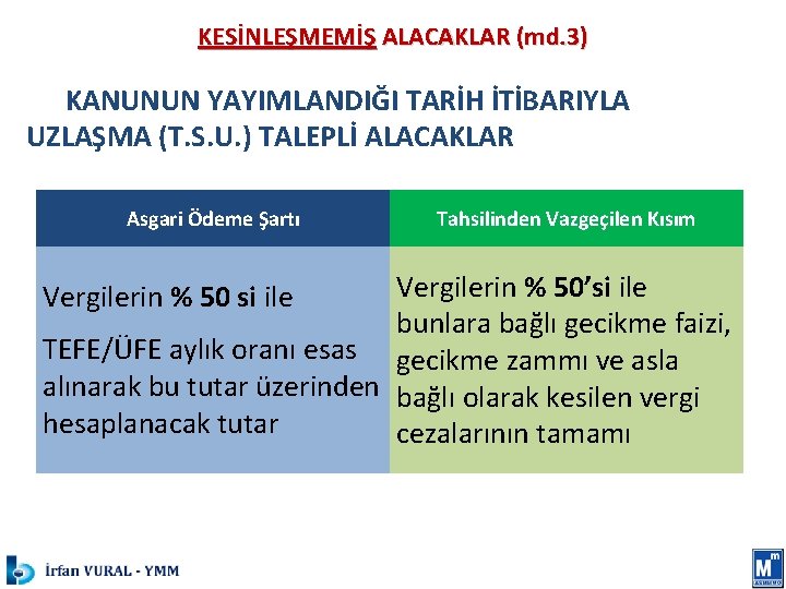 KESİNLEŞMEMİŞ ALACAKLAR (md. 3) KANUNUN YAYIMLANDIĞI TARİH İTİBARIYLA UZLAŞMA (T. S. U. ) TALEPLİ