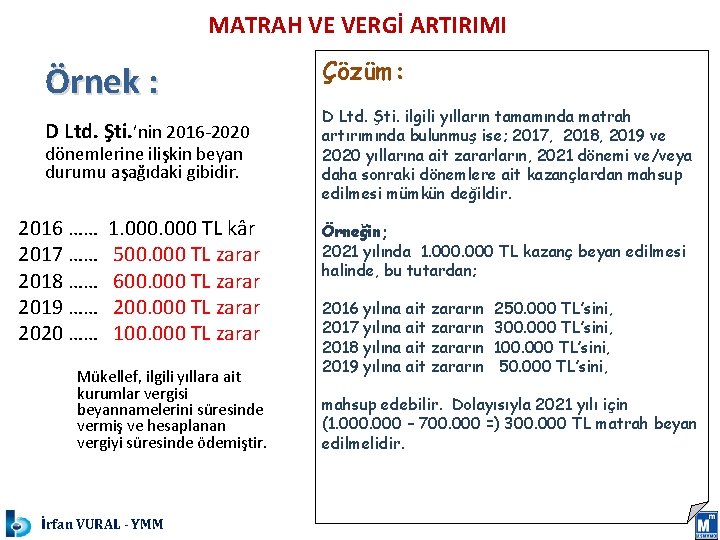 MATRAH VE VERGİ ARTIRIMI Örnek : D Ltd. Şti. ’nin 2016 -2020 dönemlerine ilişkin