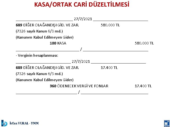 KASA/ORTAK CARİ DÜZELTİLMESİ ______________ 27/7/2021 _____________ 689 DİĞER OLAĞANDIŞI GİD. VE ZAR. 580. 000