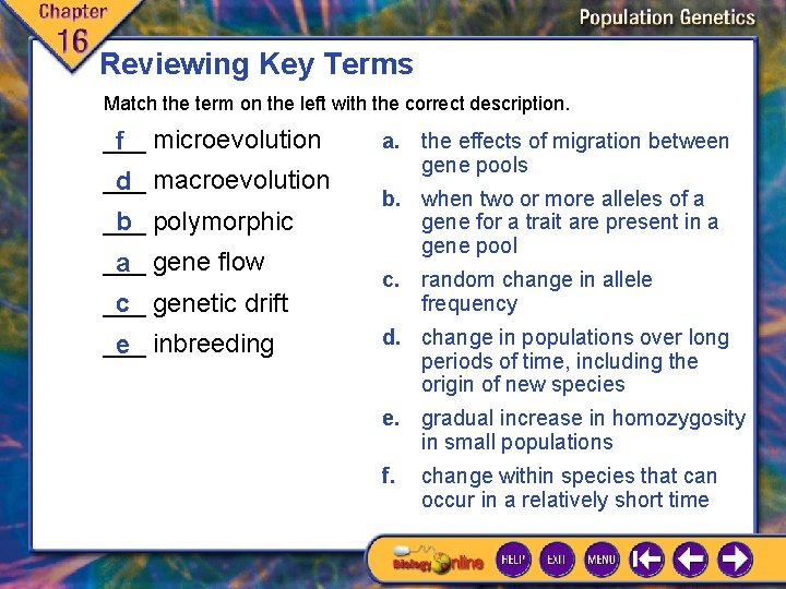 Reviewing Key Terms Match the term on the left with the correct description. ___