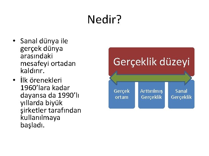 Nedir? • Sanal dünya ile gerçek dünya arasındaki mesafeyi ortadan kaldırır. • İlk örenekleri