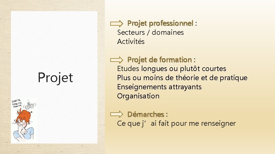 Projet professionnel : Secteurs / domaines Activités Projet de formation : Etudes longues ou