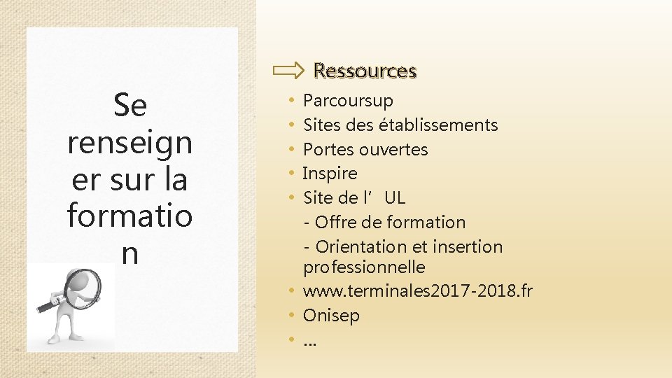 Se renseign er sur la formatio n Ressources Parcoursup Sites des établissements Portes ouvertes