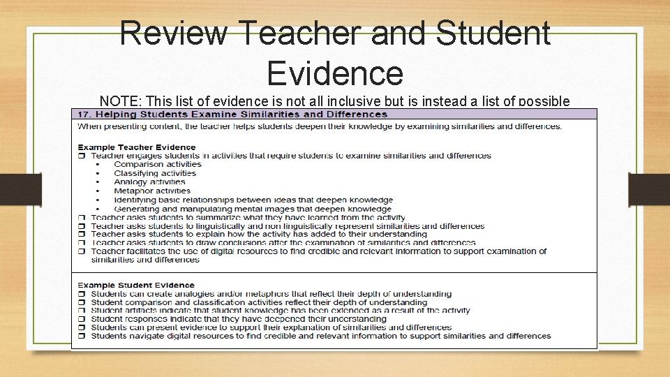Review Teacher and Student Evidence NOTE: This list of evidence is not all inclusive