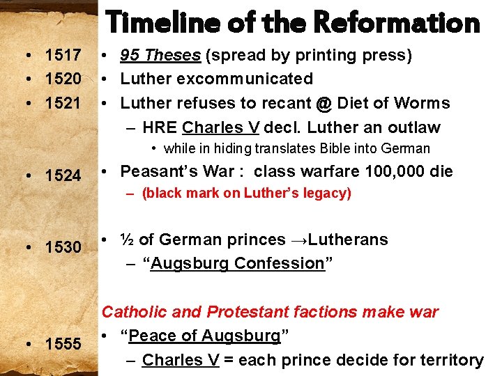 Timeline of the Reformation • 1517 • 1520 • 1521 • 95 Theses (spread