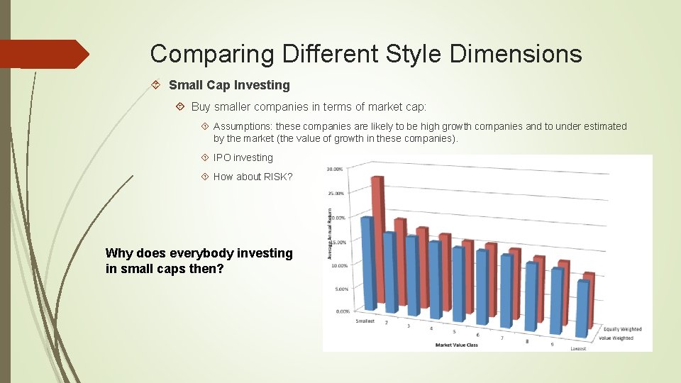 Comparing Different Style Dimensions Small Cap Investing Buy smaller companies in terms of market Comparing Different Style Dimensions Small Cap Investing Buy smaller companies in terms of market