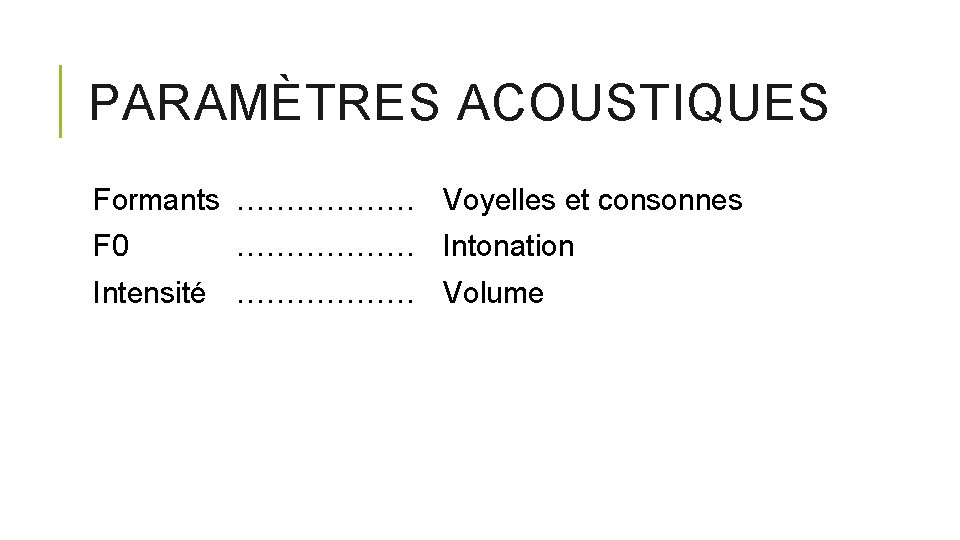 PARAMÈTRES ACOUSTIQUES Formants ……………… Voyelles et consonnes F 0 ……………… Intonation Intensité ……………… Volume