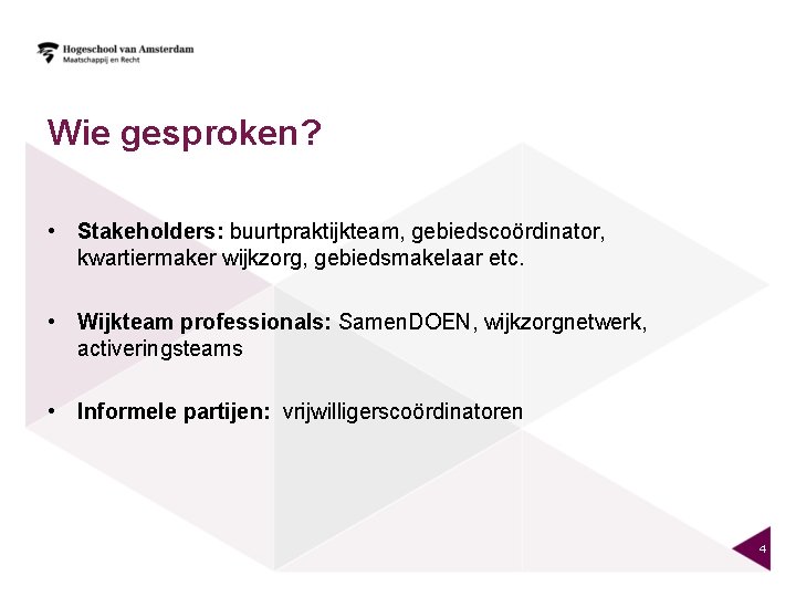 Wie gesproken? • Stakeholders: buurtpraktijkteam, gebiedscoördinator, kwartiermaker wijkzorg, gebiedsmakelaar etc. • Wijkteam professionals: Samen.