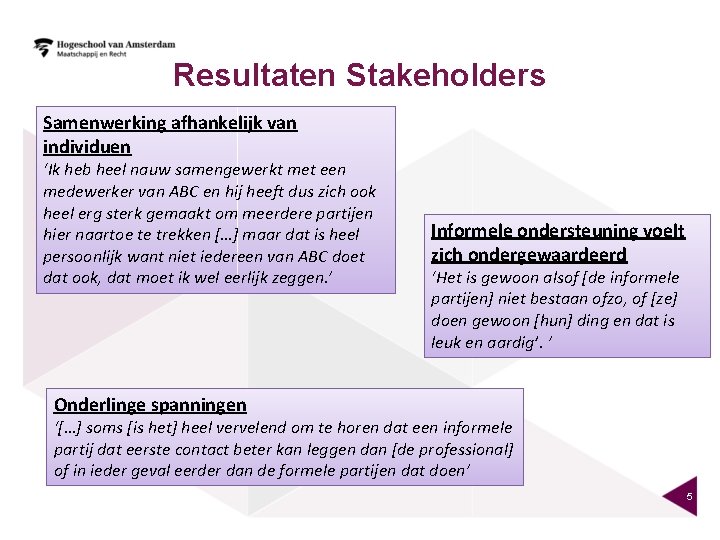 Resultaten Stakeholders Samenwerking afhankelijk van individuen ‘Ik heb heel nauw samengewerkt met een medewerker