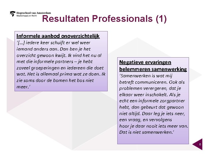 Resultaten Professionals (1) Informele aanbod onoverzichtelijk ‘[…] iedere keer schuift er wel weer iemand