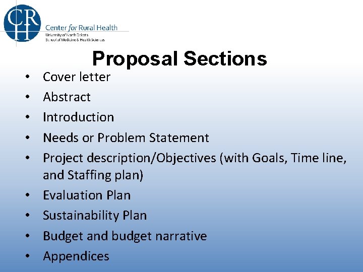 • • • Proposal Sections Cover letter Abstract Introduction Needs or Problem Statement • • • Proposal Sections Cover letter Abstract Introduction Needs or Problem Statement