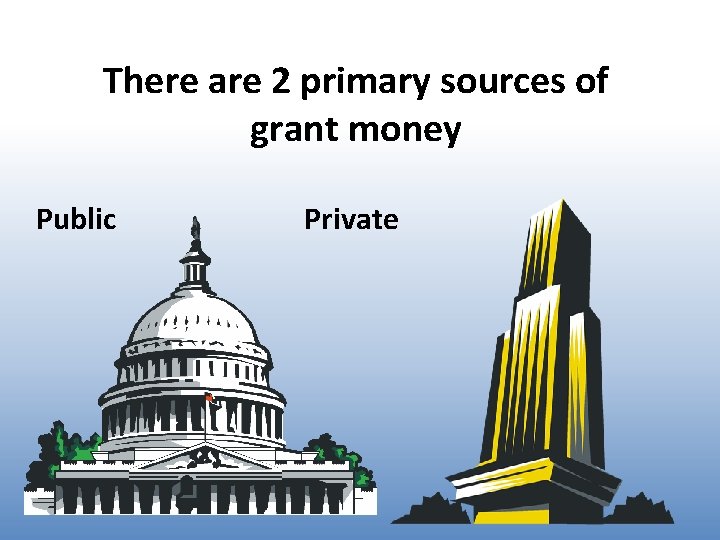 There are 2 primary sources of grant money Public Private 