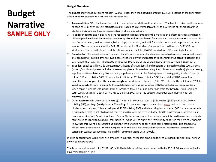 Budget Narrative SAMPLE ONLY Budget Narrative SAMPLE ONLY