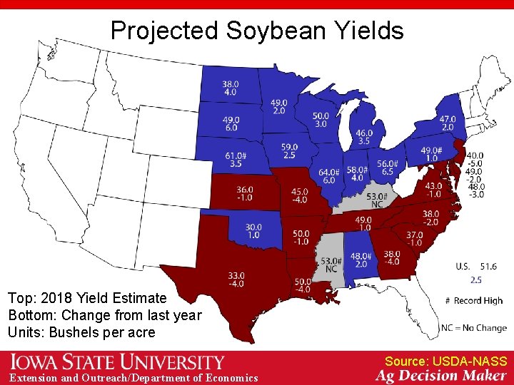 Projected Soybean Yields Top: 2018 Yield Estimate Bottom: Change from last year Units: Bushels