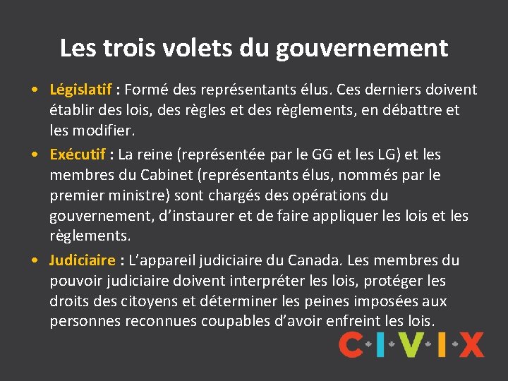 Les trois volets du gouvernement • Législatif : Formé des représentants élus. Ces derniers