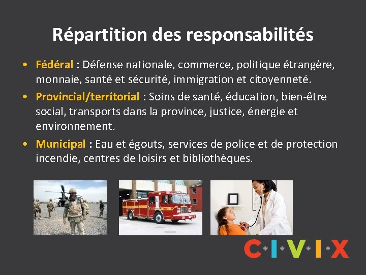 Répartition des responsabilités • Fédéral : Défense nationale, commerce, politique étrangère, monnaie, santé et