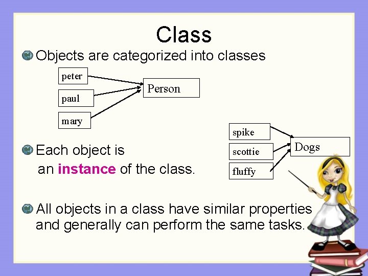 Class Objects are categorized into classes peter paul Person mary Each object is an