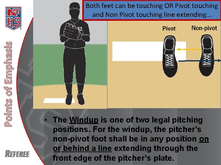 Both feet can be touching OR Pivot touching and Non Pivot touching line extending…