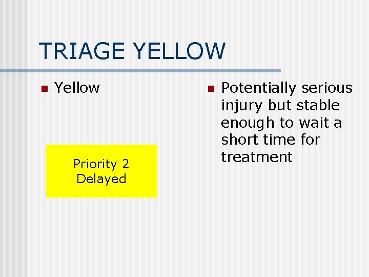 TRIAGE YELLOW n Yellow Priority 2 Delayed n Potentially serious injury but stable enough
