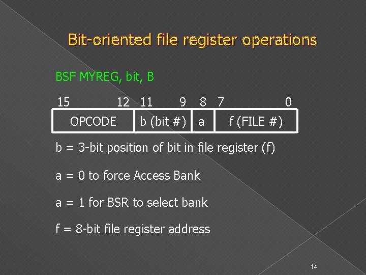 Bit-oriented file register operations BSF MYREG, bit, B 15 12 11 OPCODE 9 b