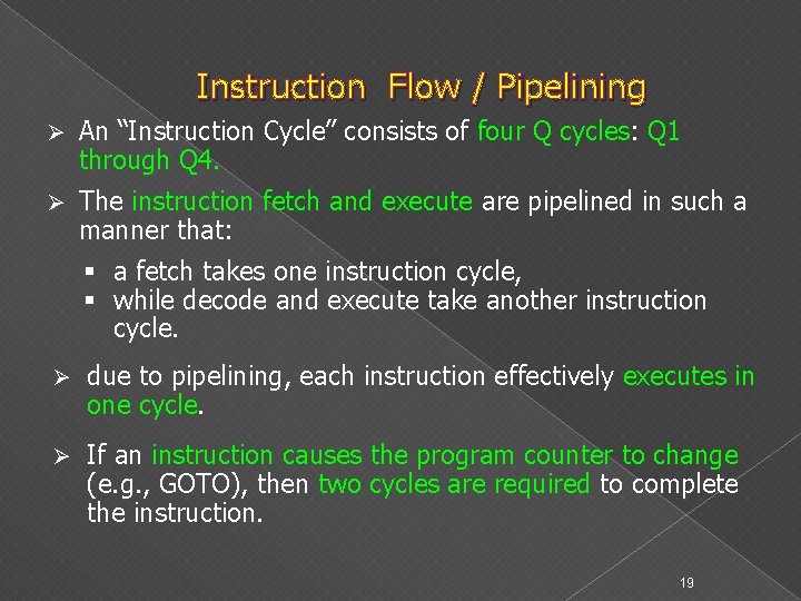 Instruction Flow / Pipelining Ø An “Instruction Cycle” consists of four Q cycles: Q