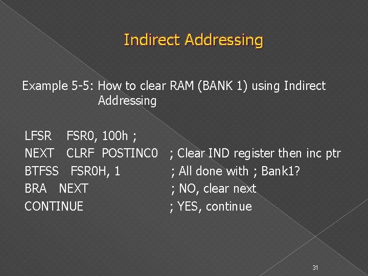 Indirect Addressing Example 5 -5: How to clear RAM (BANK 1) using Indirect Addressing