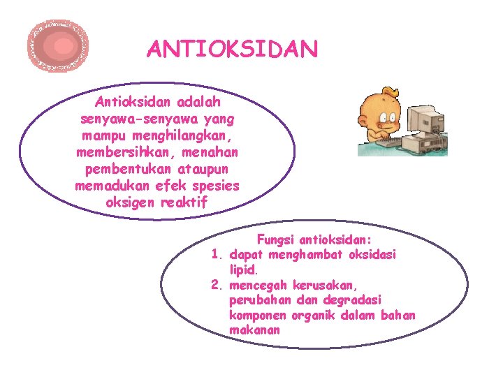 ANTIOKSIDAN Antioksidan adalah senyawa-senyawa yang mampu menghilangkan, membersihkan, menahan pembentukan ataupun memadukan efek spesies