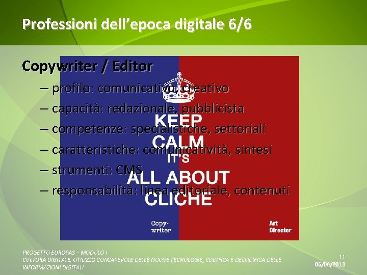 Professioni dell’epoca digitale 6/6 Copywriter / Editor – profilo: comunicativo, creativo – capacità: redazionale,