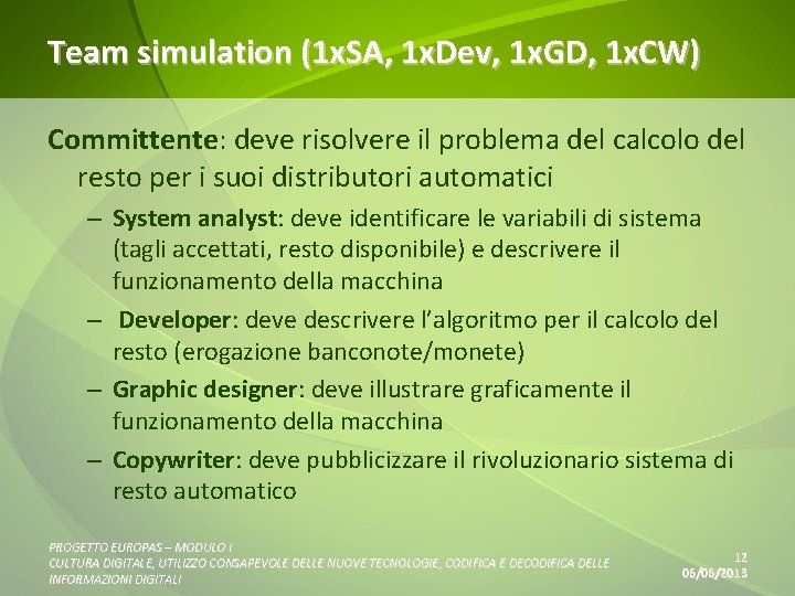 Team simulation (1 x. SA, 1 x. Dev, 1 x. GD, 1 x. CW)