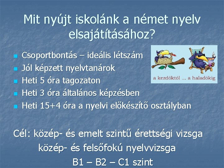 Mit nyújt iskolánk a német nyelv elsajátításához? n n n Csoportbontás – ideális létszám