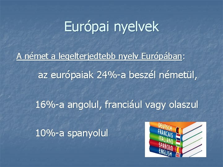 Európai nyelvek A német a legelterjedtebb nyelv Európában: az európaiak 24%-a beszél németül, 16%-a