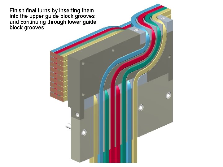 Finish final turns by inserting them into the upper guide block grooves and continuing