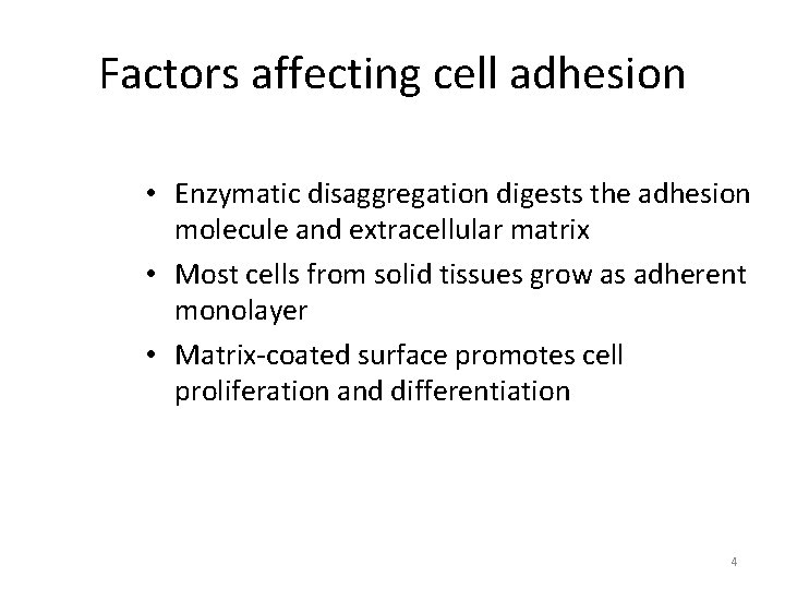 Factors affecting cell adhesion • Enzymatic disaggregation digests the adhesion molecule and extracellular matrix