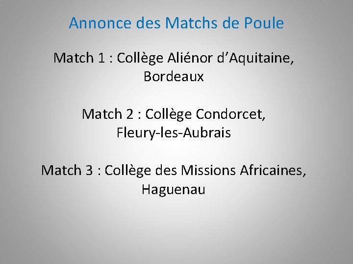 Annonce des Matchs de Poule Match 1 : Collège Aliénor d’Aquitaine, Bordeaux Match 2