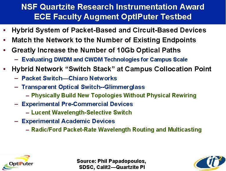 NSF Quartzite Research Instrumentation Award ECE Faculty Augment Opt. IPuter Testbed • Hybrid System