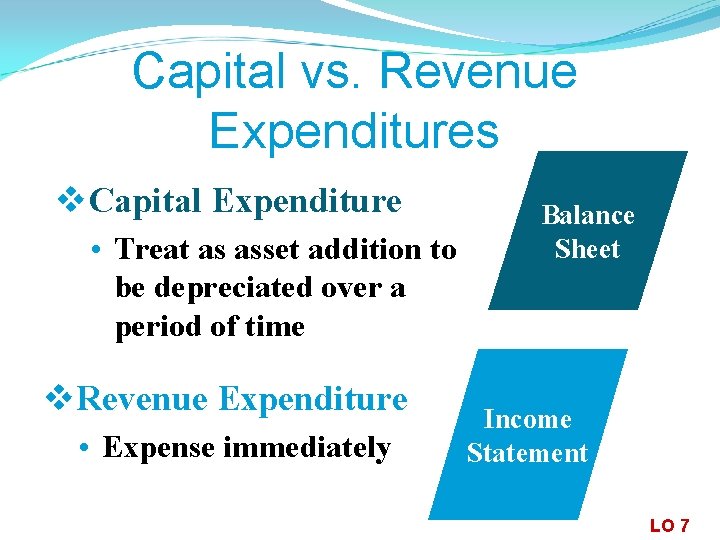Capital vs. Revenue Expenditures v. Capital Expenditure • Treat as asset addition to be