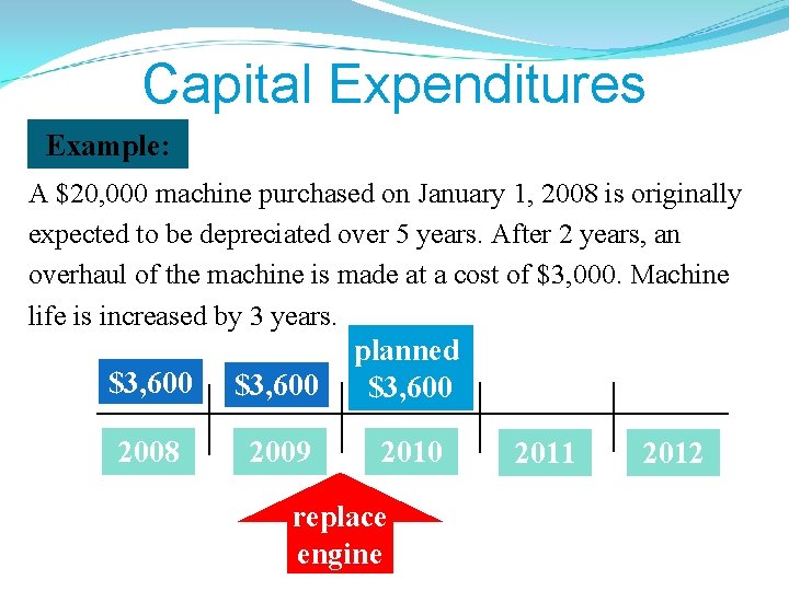 Capital Expenditures Example: A $20, 000 machine purchased on January 1, 2008 is originally