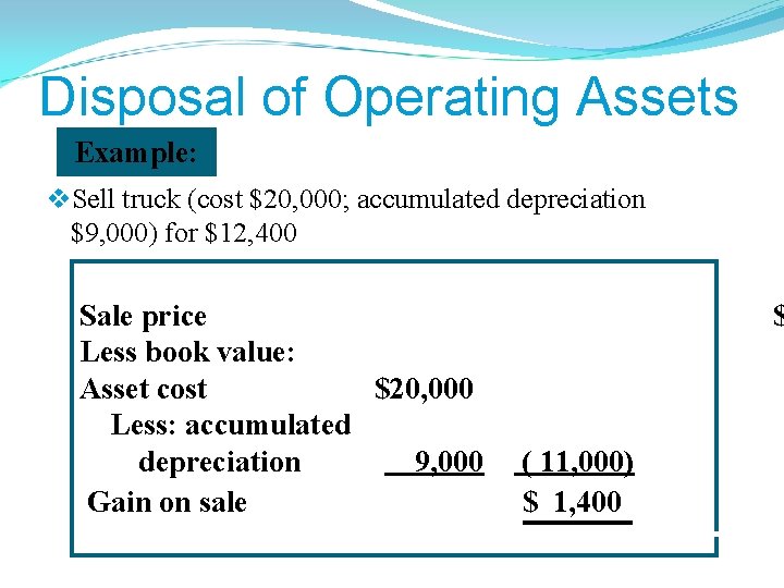 Disposal of Operating Assets Example: v. Sell truck (cost $20, 000; accumulated depreciation $9,