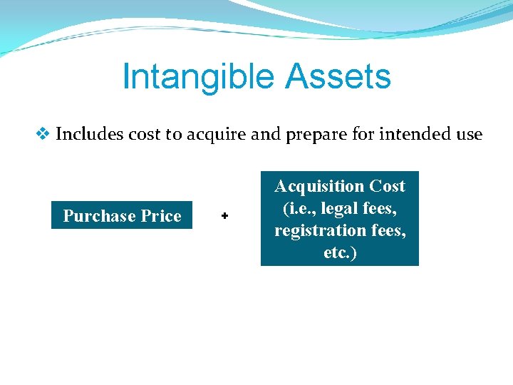 Intangible Assets v Includes cost to acquire and prepare for intended use Purchase Price