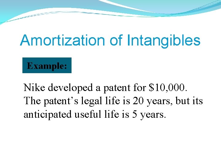 Amortization of Intangibles Example: Nike developed a patent for $10, 000. The patent’s legal