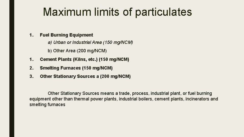 Maximum limits of particulates 1. Fuel Burning Equipment a) Urban or Industrial Area (150