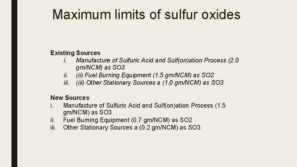 Maximum limits of sulfur oxides Existing Sources i. Manufacture of Sulfuric Acid and Sulf(on)ation